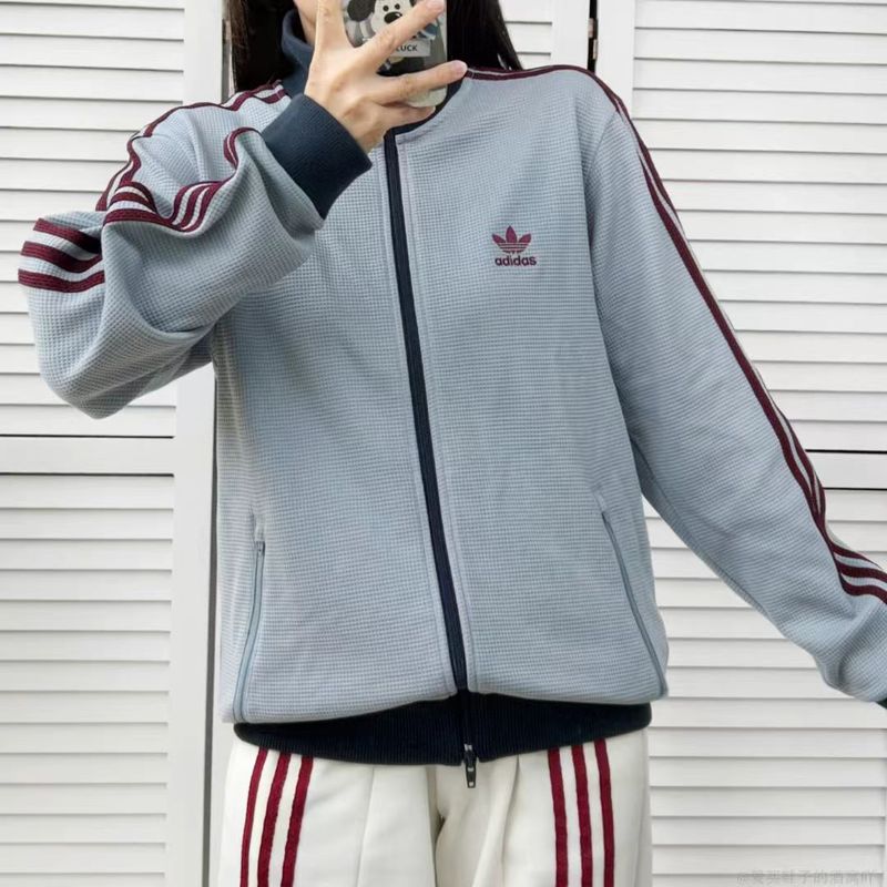 三叶草刺绣运动开衫外套夹克男女情侣秋冬款春秋季休闲三条杠上衣|undefined