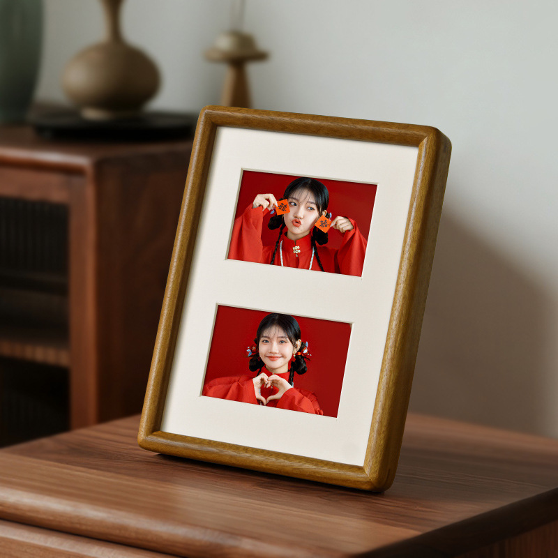 Solid Wood Photo Frame Table Plus Washed Photo Two-Link Combination Photo Frame Engraving Couple Wedding Gift Chinese Valentine's Day Couple Picture Frame