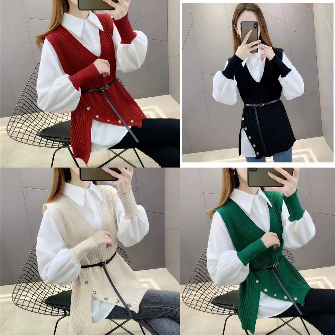 Однобортный Асимметричный вязаный жилет с V-образным вырезом и белая Повседневная Свободная рубашка с прострочкой, Женский Осенний модный костюм из двух предметов