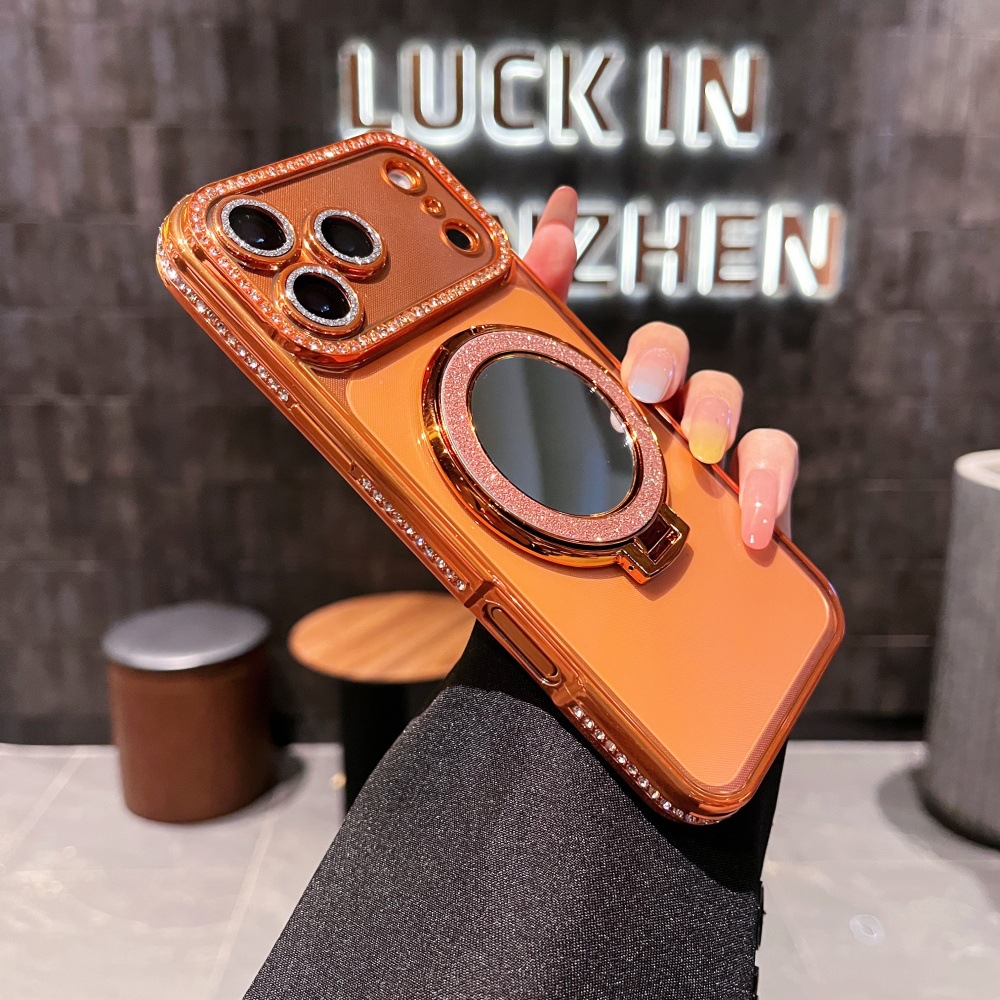 Square Diamond + Glitter Ring Mirror Stand Suitable 17 Pro Max Phone Case, New Model For IPhone 16/15/14_voghion.com