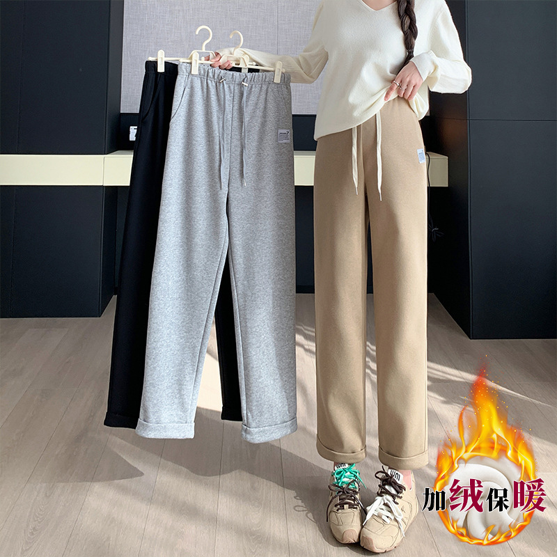 Pregnant Women's Pants Winter fleece-lined Sports Pants New Drawstring Loose Slimming Three-dimensional Cut Thickened Warm Outer Wear Sweatpants