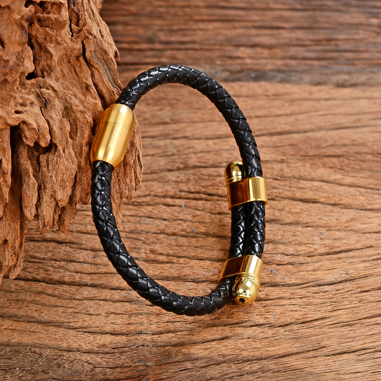 Solid Color Pattern Retro Punk Solid Color 304 Stainless Steel Pu Leather Men's Bangle Men Cord & Leather Bracelets