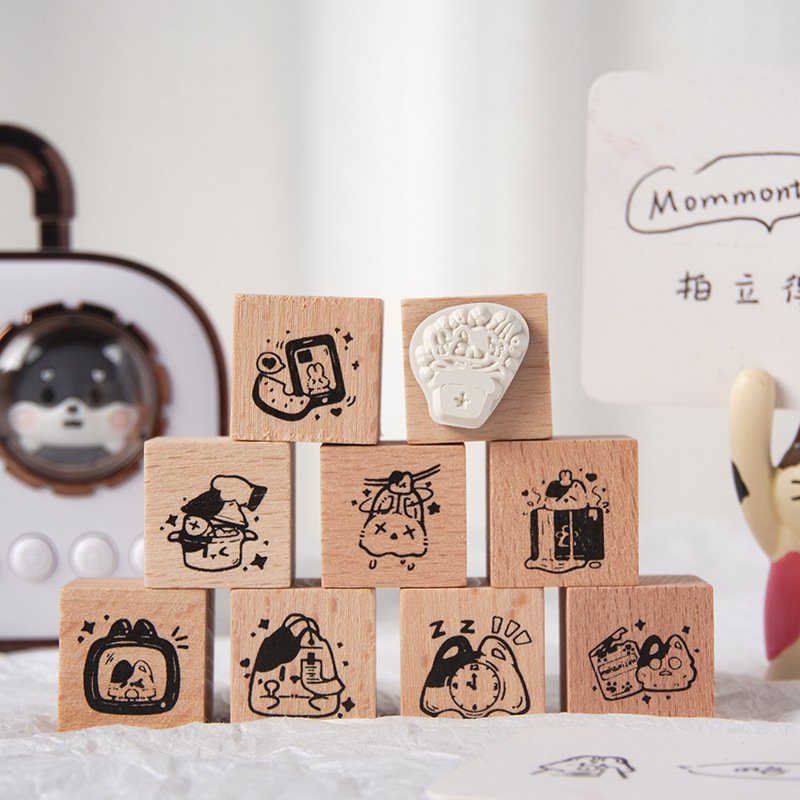 Registro de tiempo, juego de sellos de madera, bricolaje, impresión de diario de cuenta manual, dibujos animados transfronterizos, clima animal, sello de cuenta manual
