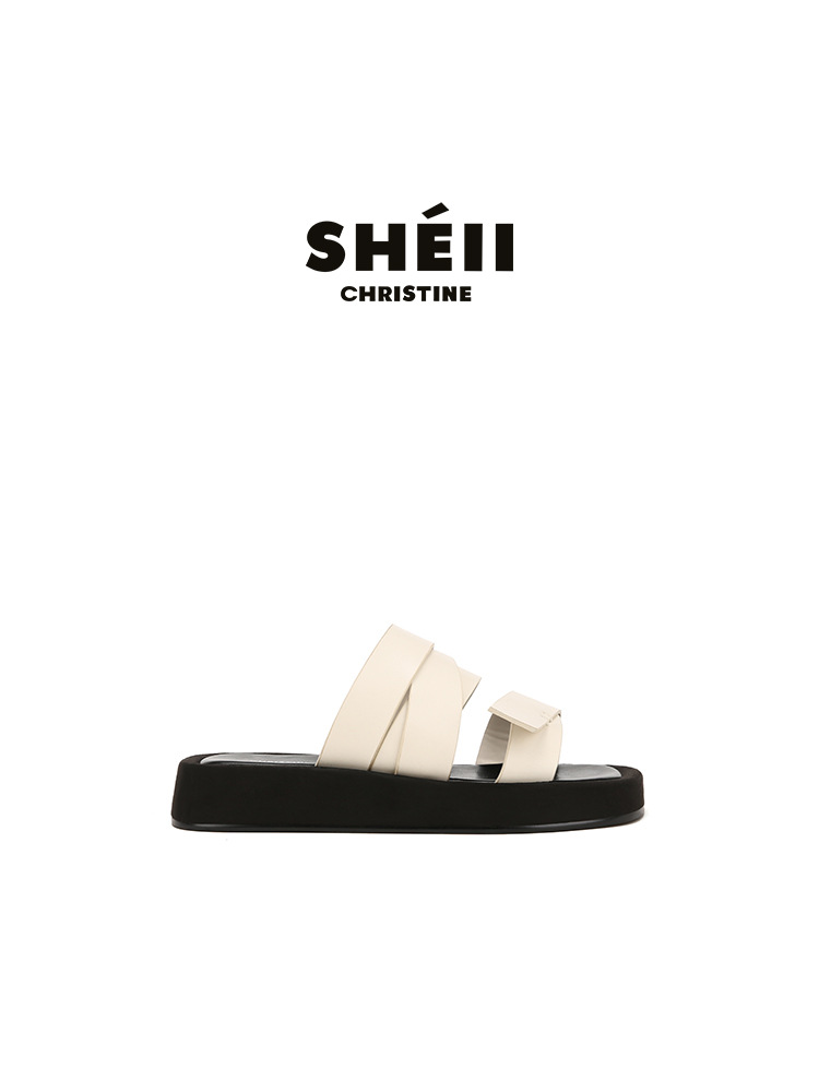 Versión de piel de oveja ~ Su Yinyin con punta cuadrada, suela gruesa, zapatillas de ocio de vacaciones en la playa, sandalias y zapatillas de verano para mujer