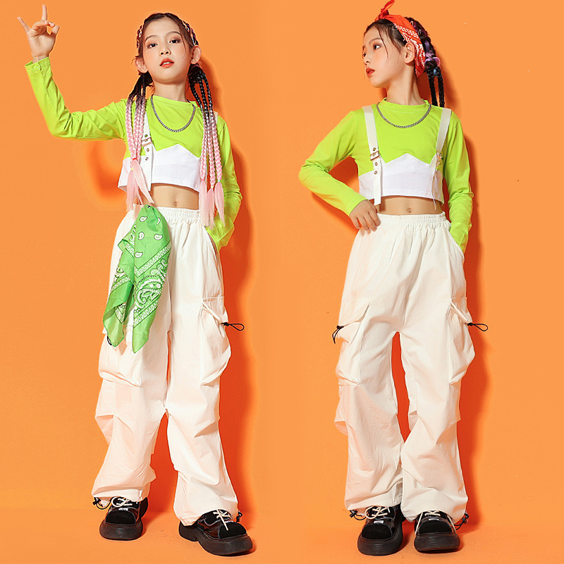 Girls kids green pink jazz dance suit Girls boys hiphop street singer rapper jazz dance outfits children shows cool girls hip-hop overalls costumes