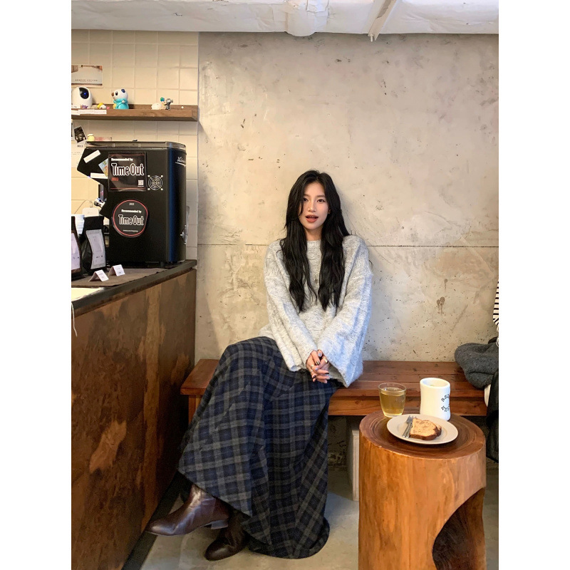 网图 斜纹蓝灰格纹磨毛半身裙女2025新款秋冬加厚中长款A字裙|undefined