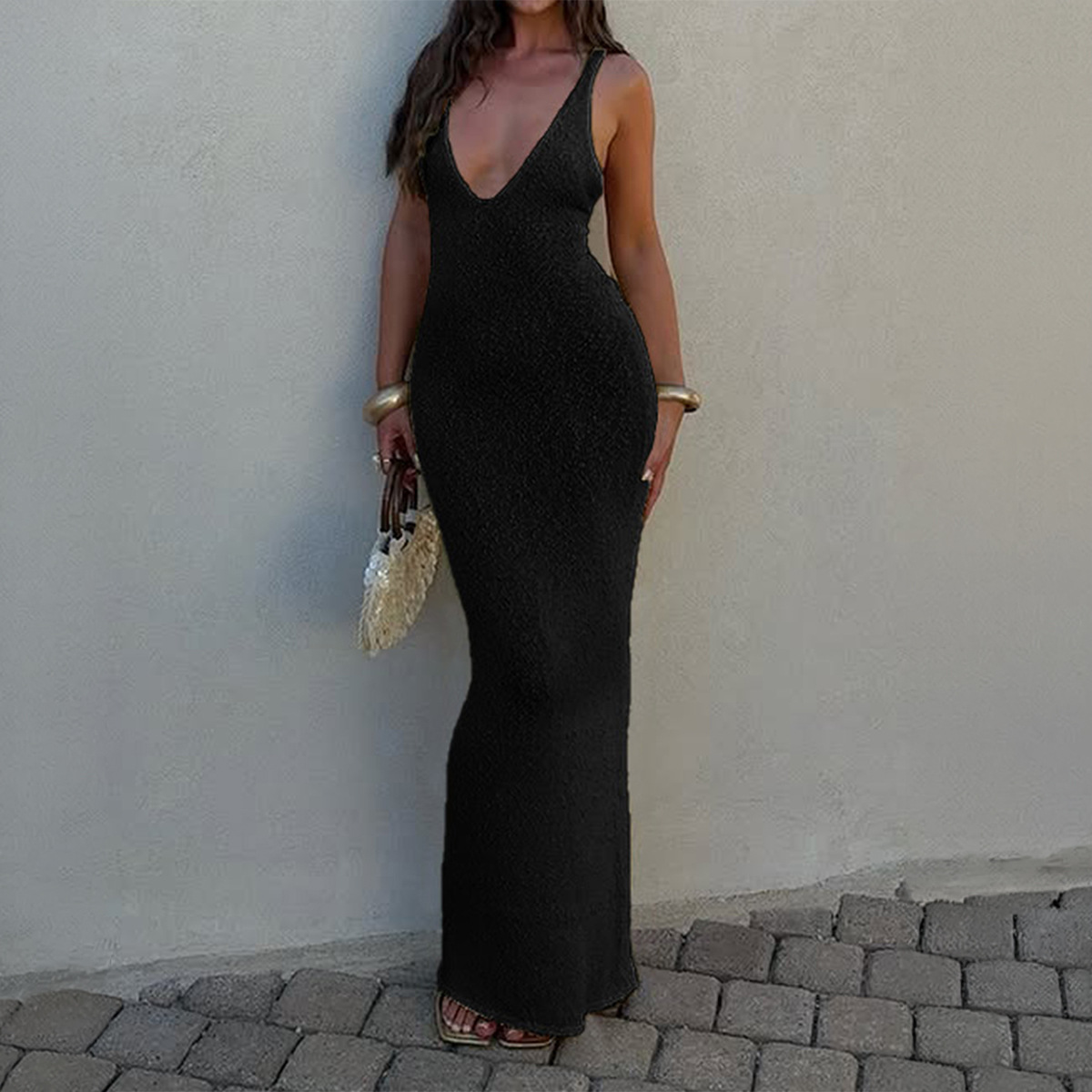 Women Elegant Mature Queen Style Spaghetti Strap Sexy Slim Knit Long Maxi Dress Party Evening Wear_ecoleips.com