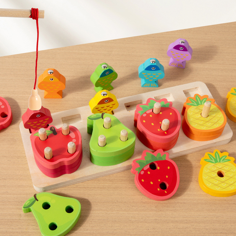 Educación temprana rompecabezas de frutas columna juegos de pesca de color ejercicio cognitivo movimiento fino mano ojo coordinación juguetes