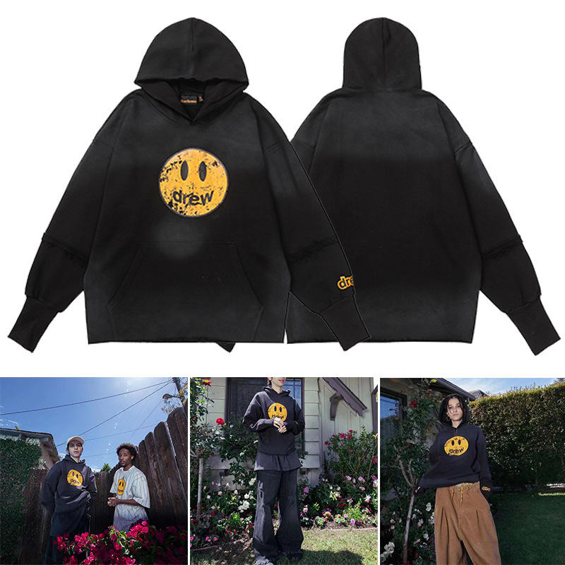 All-In-One Nemesis Drew Smiling Face Hooded Sweatshirt with Old Cracked Bieber's Same Style for Men and Women Couples Trendy Brand Loose Ins All-In-One Nemesis Drew Smiling Face Hooded Sweatshirt with Old Cracked Bieber's Same Style for Men and Women Couples Trendy Brand Loose Ins