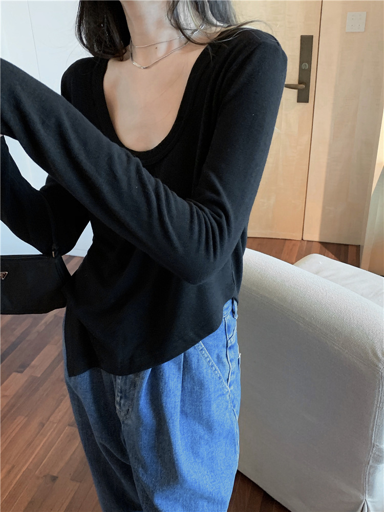 帮手描述图：不规则白色修身长袖T恤女2021春秋新款设计感紧