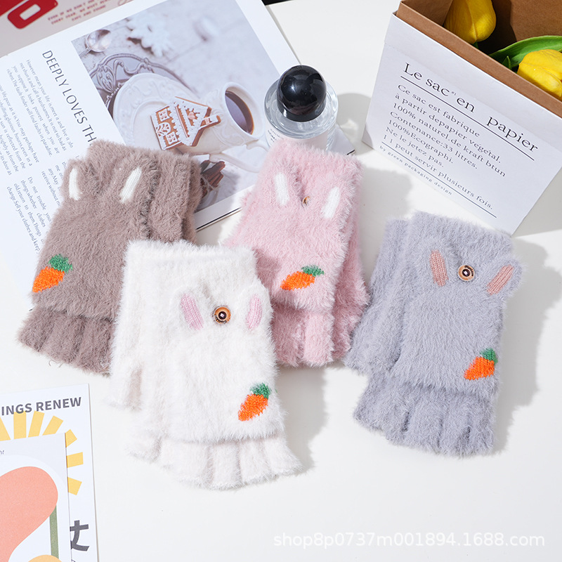 Invierno de las mujeres cálido forrado de lana engrosada estudiante escritura de moda montar lindo punto medio dedo flip guantes de dibujos animados