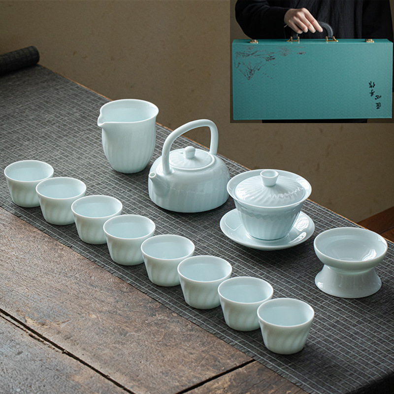 ギフト工夫茶器セット卸売り家庭用ロゴ蓋碗提梁壺開業徳化陶磁器茶器セット|undefined