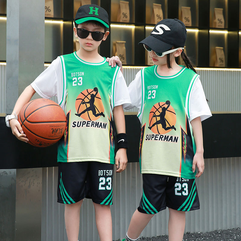 Children's Sportswear suit Boys and Girls Summer Quick-drying Primary School Students' Jersey Girls Fake Two-piece Short-sleeved Basketball Suit