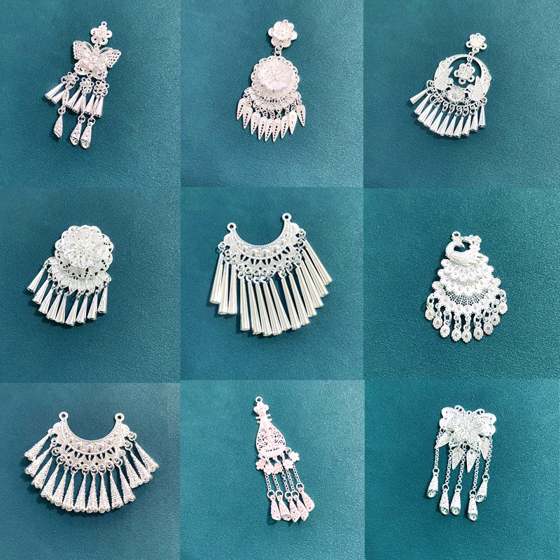 苗族冰箱贴配件耳环银色diy银帽子配饰蝴蝶孔雀凤凰月亮配件挂件