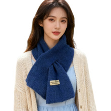 秋冬ins韩版仿羊羔绒交叉围巾女时尚简约百搭纯色毛线围脖男批发