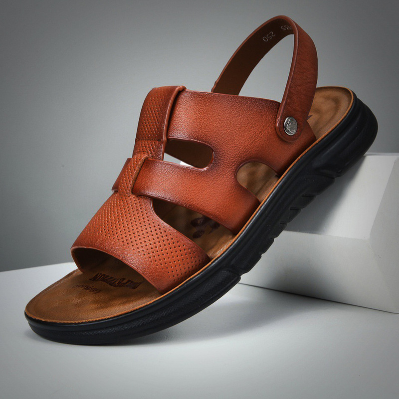 Beach Shoes for Men, Genuine Leather Massage Sandals, Air Cushion Comfortable Slippers, Summer Dual-Use Outdoor Slippers