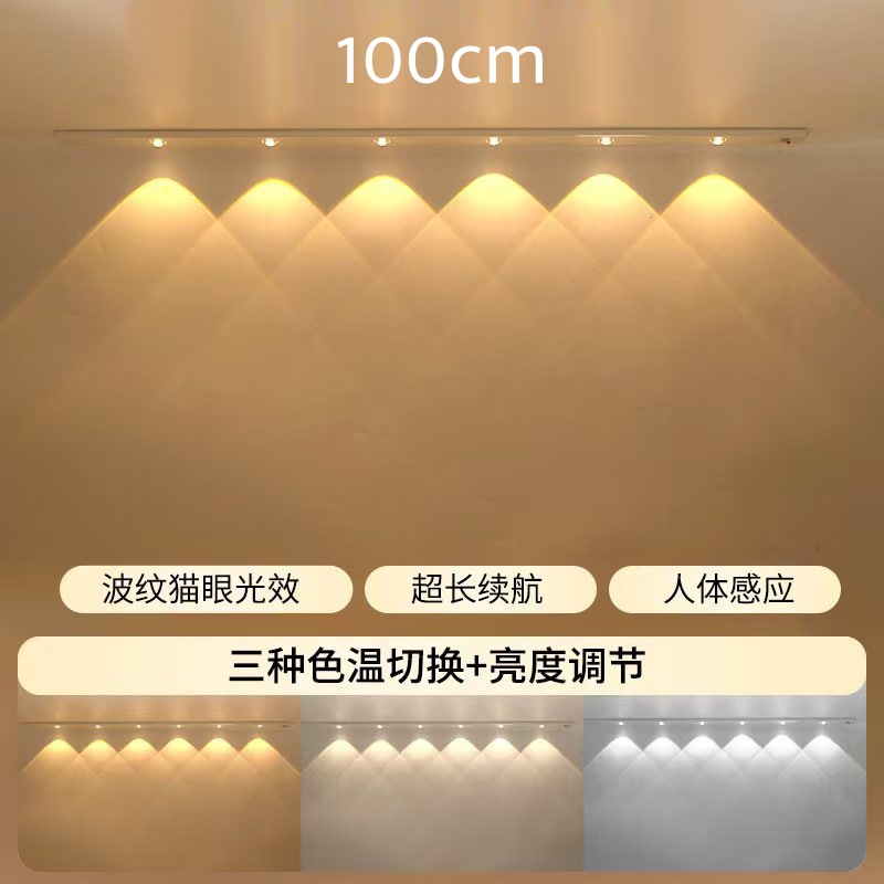 Lámpara de sensor de cuerpo humano LED inteligente transfronteriza tira de luz de colina de ojo de gato ultrafina tira de luz de gabinete de vino autoadhesivo recargable