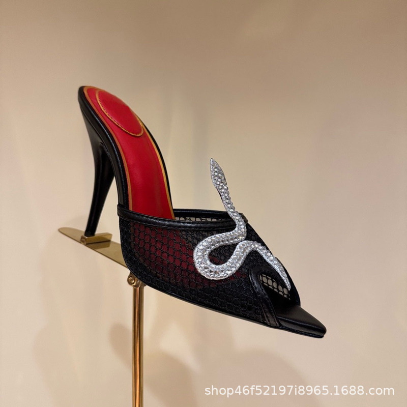 2026 French-Style Red Lining Mesh Leather Snake-Shaped Decorative Rhinestone High-Heeled Sandals for Women 2026 French-Style Red Lining Mesh Leather Snake-Shaped Decorative Rhinestone High-Heeled Sandals for Women