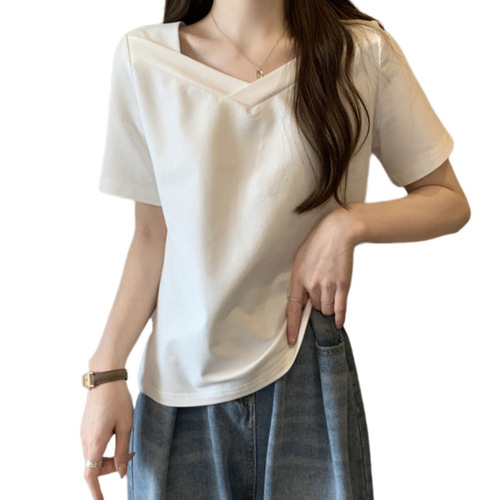 V-neck short-sleeve T-shirt for women, 2024 summer new design, loose and slimming, solid color, student version, shows collarbone, stylish design