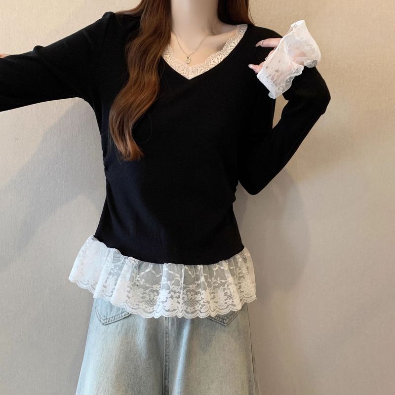 大きいサイズ V ネックレース裾長袖 Tシャツ女性のための春と秋の新しいファットミリリットウエスト痩身ベルスリーブトップ女性のための|undefined
