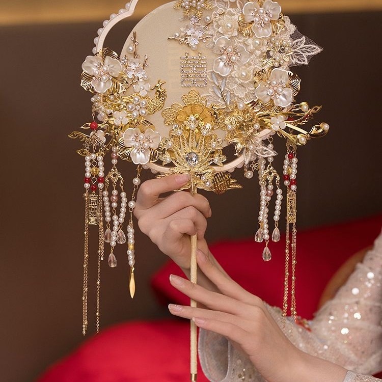 新娘结婚秀禾团扇新中式古风双面手工成品遮面香槟色蕾丝花朵团扇|undefined
