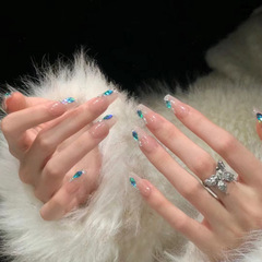 長款裸色孔雀藍鑽美甲穿戴甲清冷感氣質美甲片成品假指甲片可拆卸