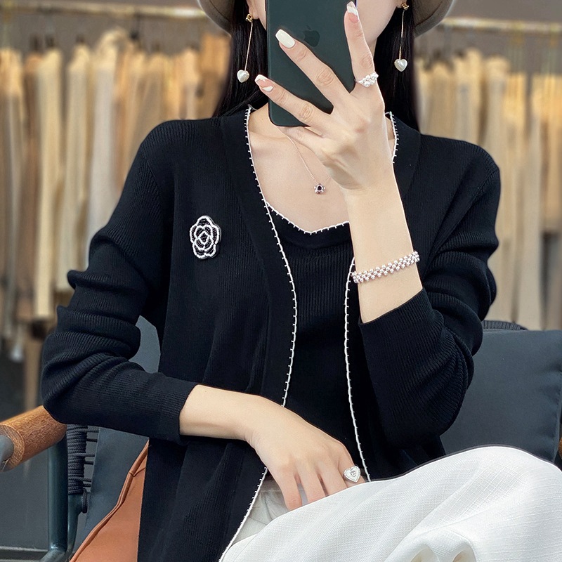 Damenbekleidung, neuer Herbst, V-Ausschnitt, Woll-Cardigan, lockere, modische Colorblock-Jacke mit Hosenträgern, zweiteiliges Set_voghion.com