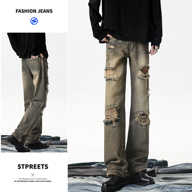 【Limited Price 99】Trendy Brand Cool Street Style Ripped Jeans Vintage Distressed Rusty Denim Straight-Leg Pants 【Limited Price 99】Trendy Brand Cool Street Style Ripped Jeans Vintage Distressed Rusty Denim Straight-Leg Pants
