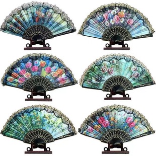 Spanish lace fan Chinese style black pole plastic folding fan cheongsam Lolita photo shooting props