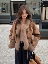 美拉德小香风棕色仿狐狸毛皮草外套女短款皮毛一体毛毛绒大衣