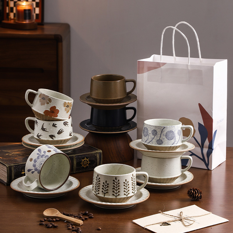 High-grade Retro Coffee Cup and Saucer suit Creative Coarse Pottery Flower Cup Household High-grade Exquisite Mug Cup and Saucer