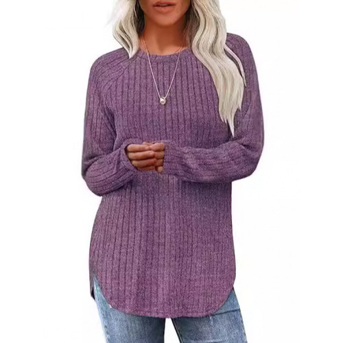 Independent station, Europe and America autumn and winter new style, sanding pit strip, round collar, curved hem, pure color, long sleeves
