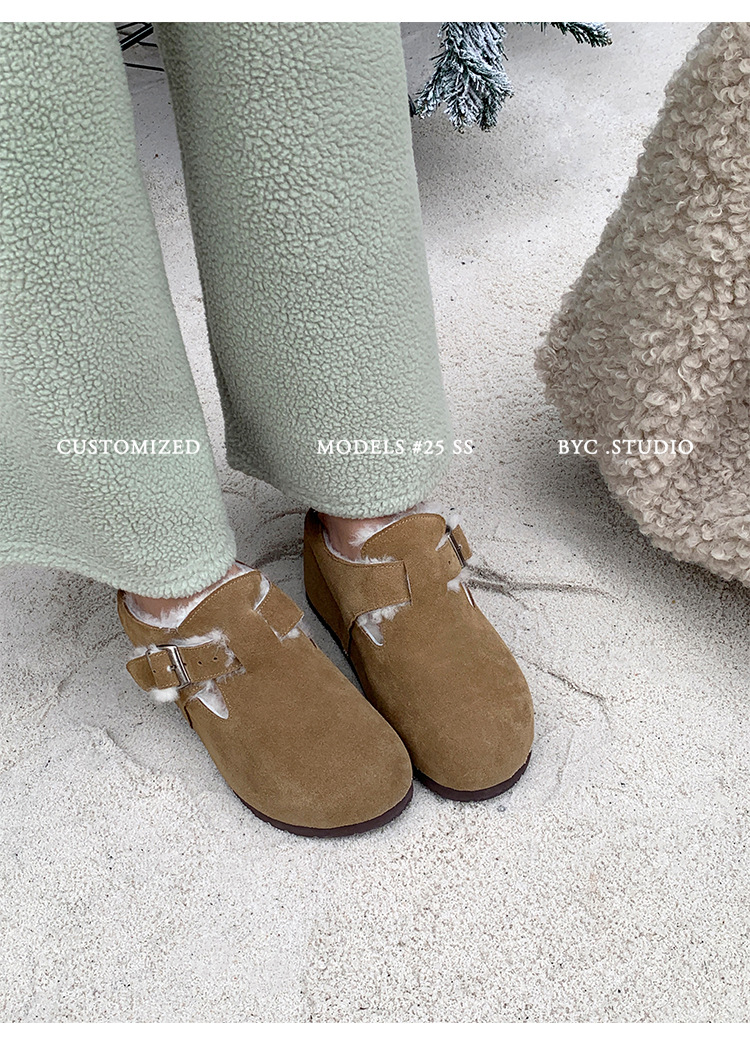 Dép lông Birkenstock da thật nữ đế dày, mũi kín lông cừu, có khóa thắt lưng, tăng chiều cao bên trong — cà phê nâu chi tiết 19