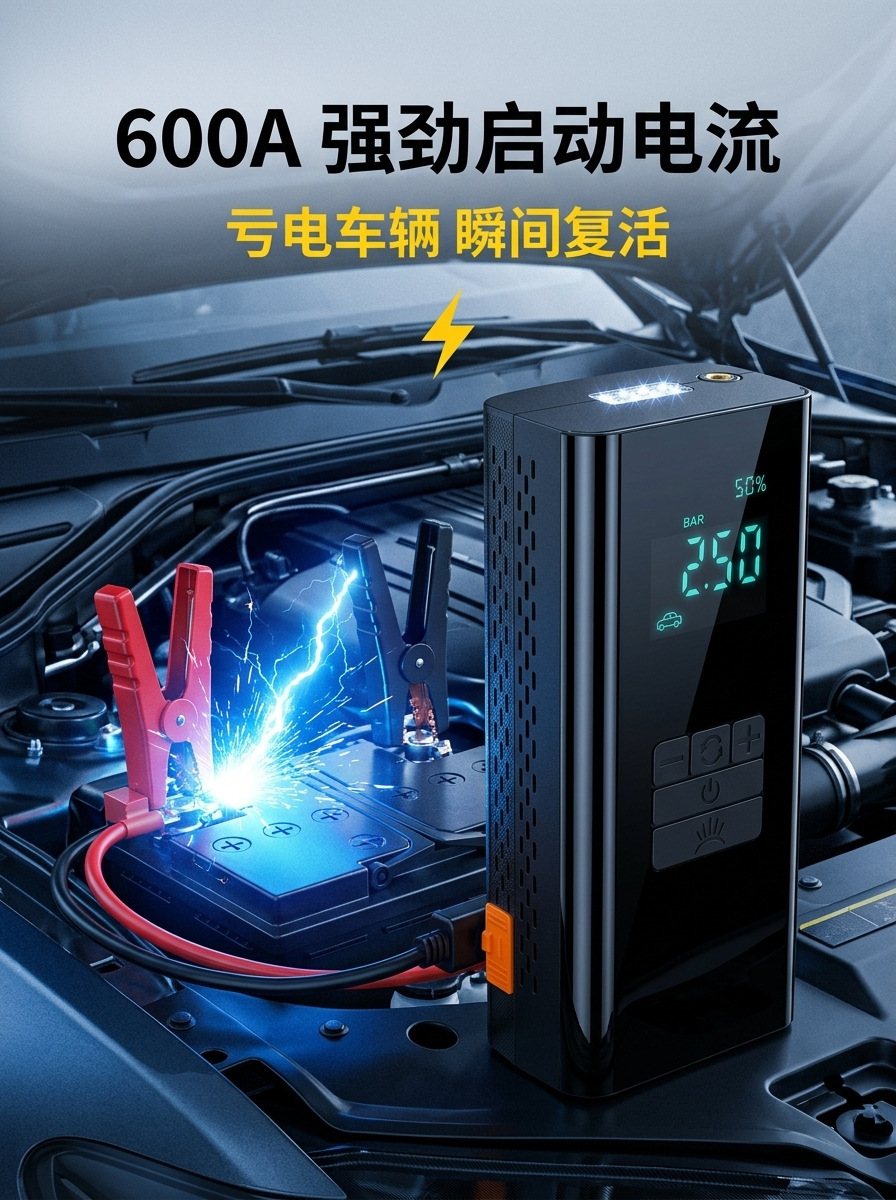 Car emergency starting power supply, vehicle-mounted air pump, battery jump starter, large-capacity tire inflator, fully certified for cross-border use