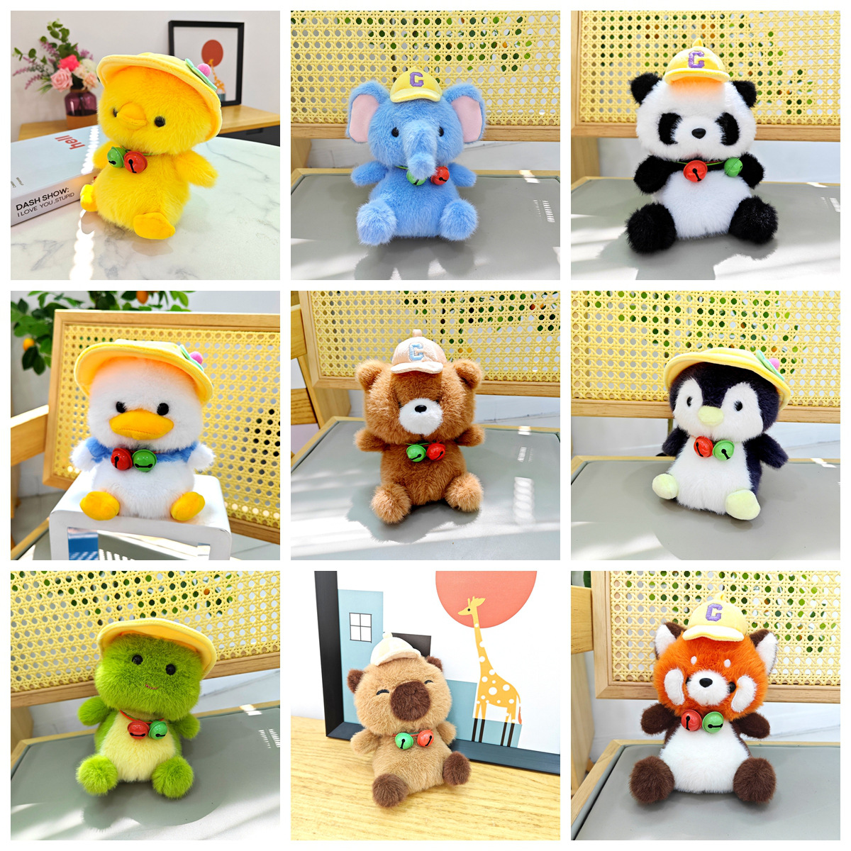 Muñecas, adornos, muñecas, juguetes de peluche, patos, dinosaurios, pingüinos, pollos amarillos, osos pardos, pandas, elefantes, carpincho, muñecas