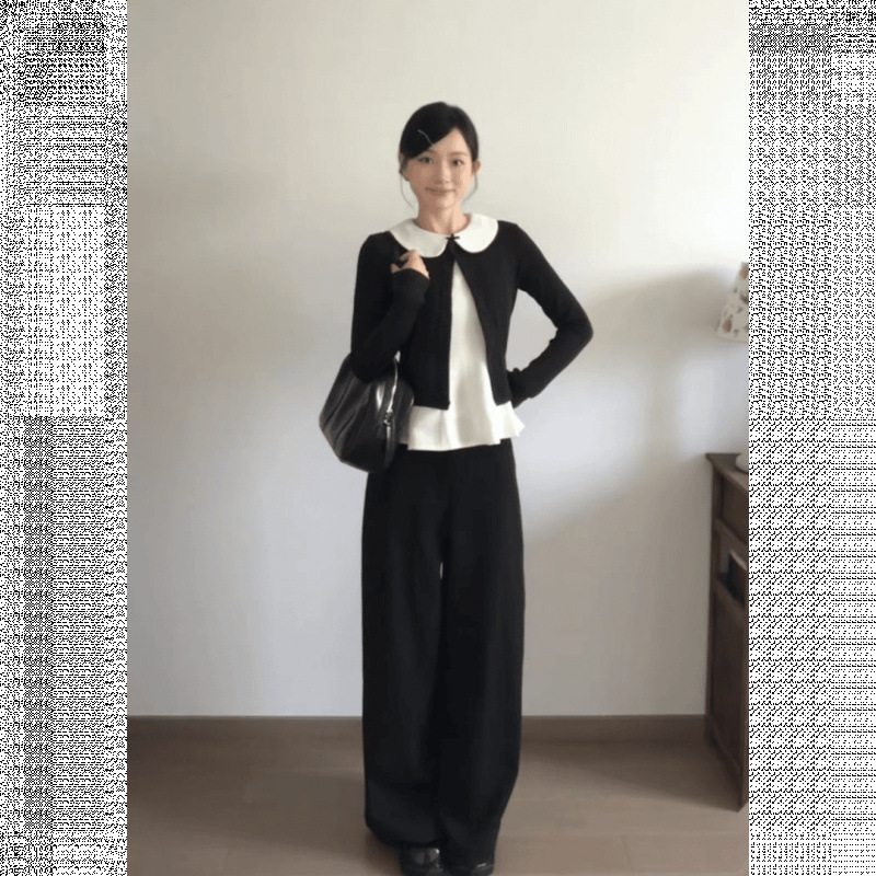韩系甜美穿搭一整套女秋季黑色针织开衫娃娃领打底上衣宽松阔腿裤|undefined