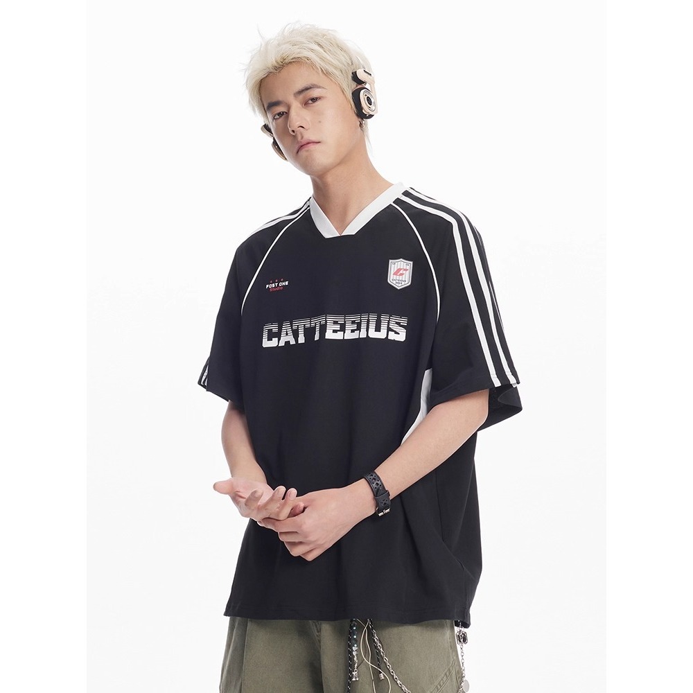 American-style Patchwork Striped V-neck Loose-fitting Short-sleeve T-shirt Men And Women, Hip-hop Street Racing Clothing_viptrois.com