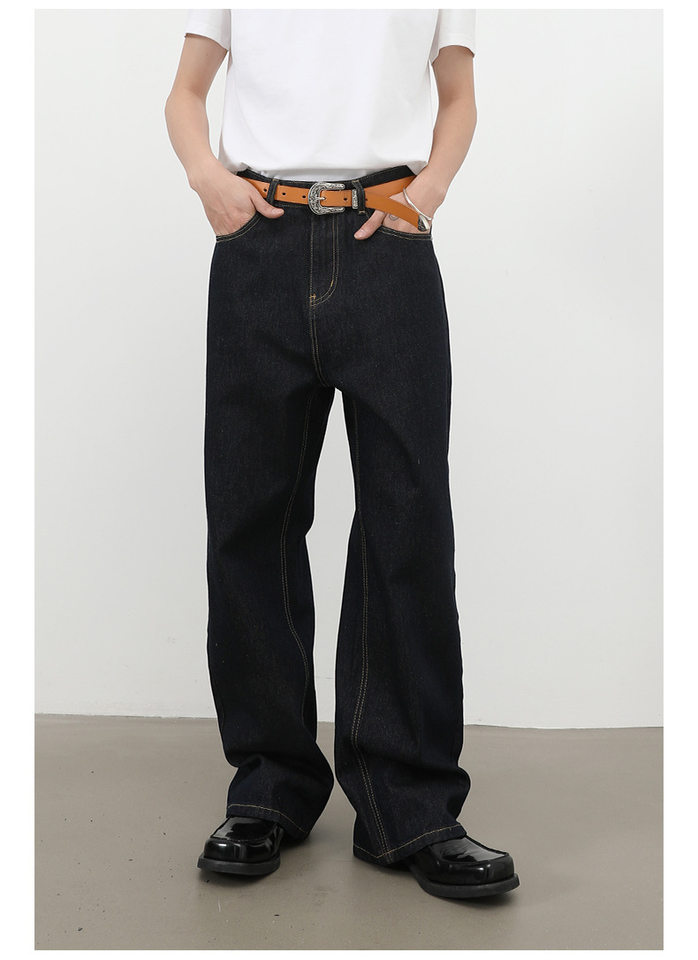 Quần jean nam ống rộng lưng giữa form suông thoải mái phong cách cơ bản — Denim đen, màu xanh denim chi tiết 18