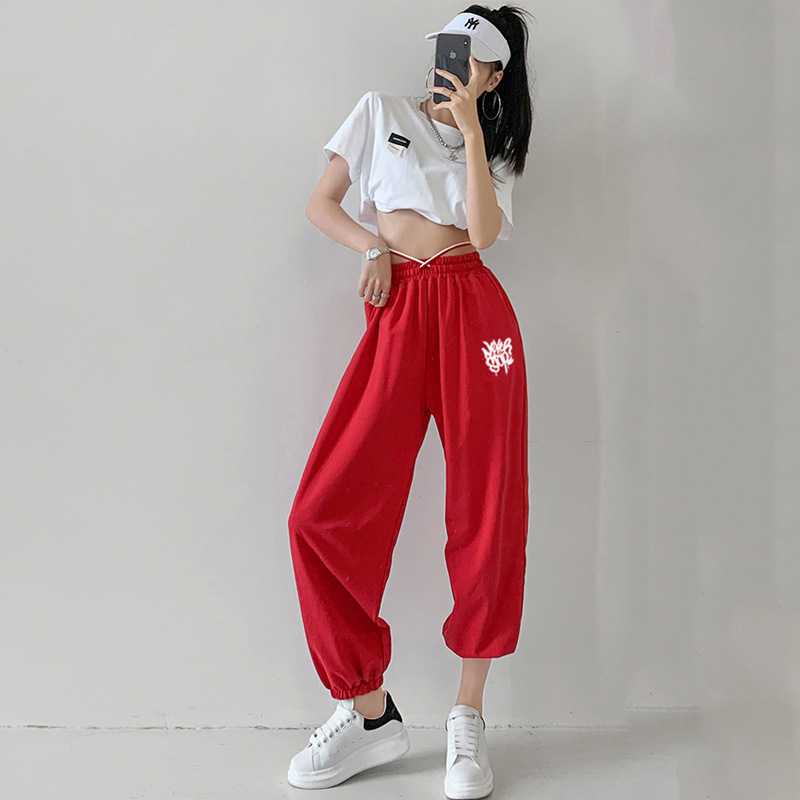 Hip-Hop Jazz Street Dance Sweatpants for Women, Summer New Style, Loose Lettered Jogger Pants, High-Waisted, Slimming, Casual Cropped Pants Hip-Hop Jazz Street Dance Sweatpants for Women, Summer New Style, Loose Lettered Jogger Pants, High-Waisted, Slimming, Casual Cropped Pants
