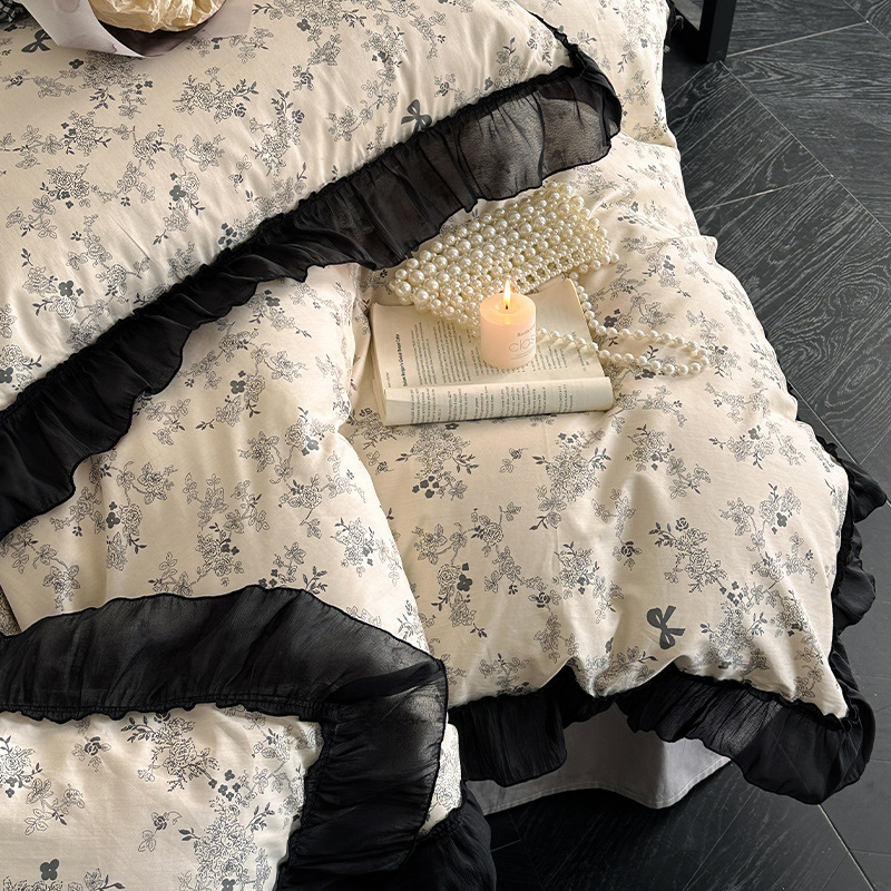 Conjunto de cama de quatro peças em algodão puro, estilo nórdico francês vintage boho boho, com capa de edredom e lençol em renda vintage, ideal para estudantes._voghion.com