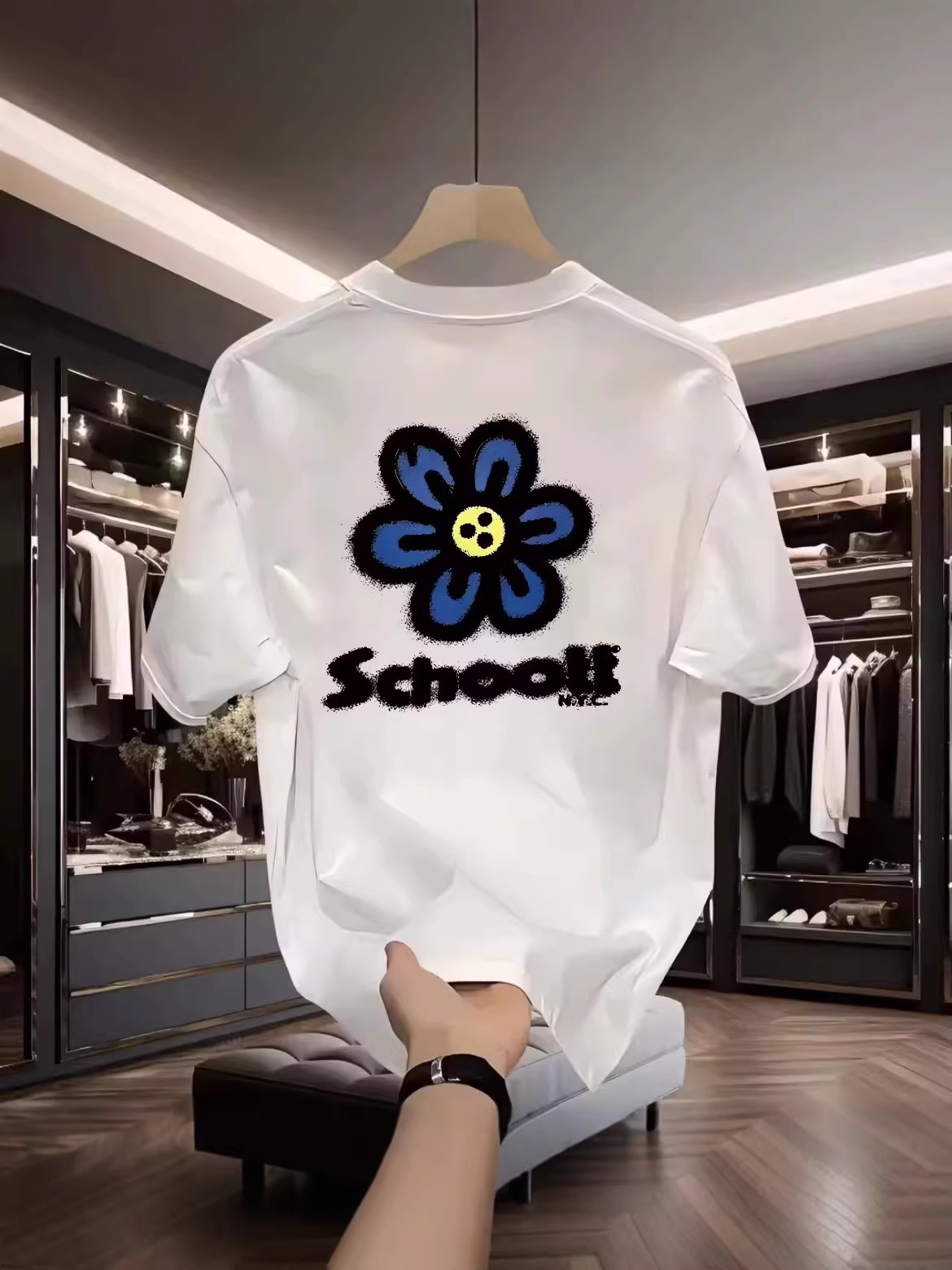 Kişi üçün pambıq yay futbolkası, çiçək çapı, slim fit