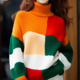 欧货漂亮撞色高领毛衣女2025秋冬新款加厚慵懒宽松针织衫外搭上衣