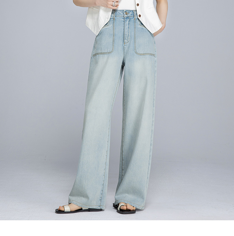 Quần jean ống rộng nữ cạp cao chất Tencel cotton mỏng mùa hè — Xanh lam nhạt cổ điển chi tiết 2