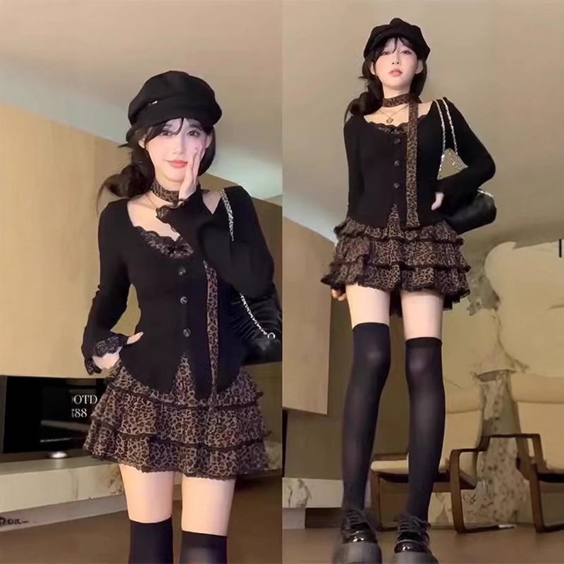 改良款，下单前请看实物欲甜辣妹套装裙女早秋季假两件蕾丝豹纹上|undefined