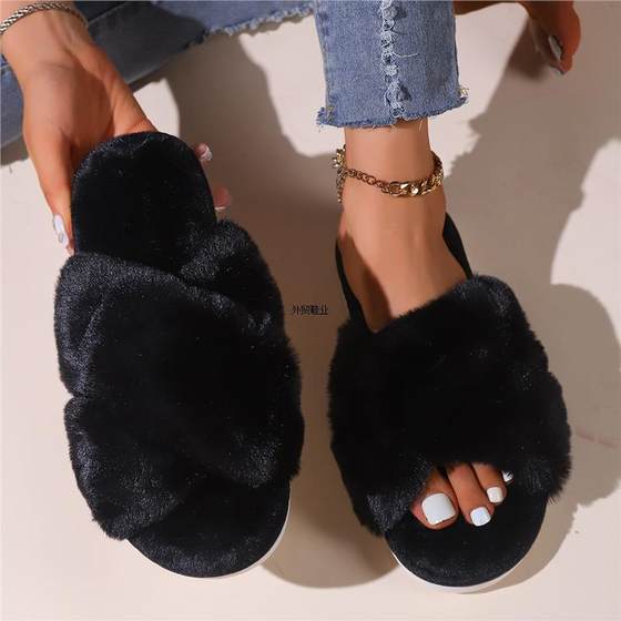 Slippers, Plush High-End Slippers, Open Cross Cotton, Home-Feel Women's Indoor Plush Cross-Border Non-Slip Outer Wear