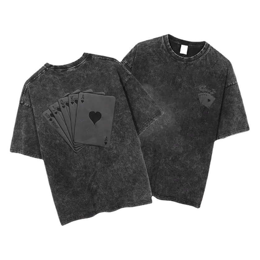 Americano Retro lavado viejo moda marca poker dados Mahjong espuma impresa Camiseta de manga corta de los hombres y las mujeres de la camiseta de la moda