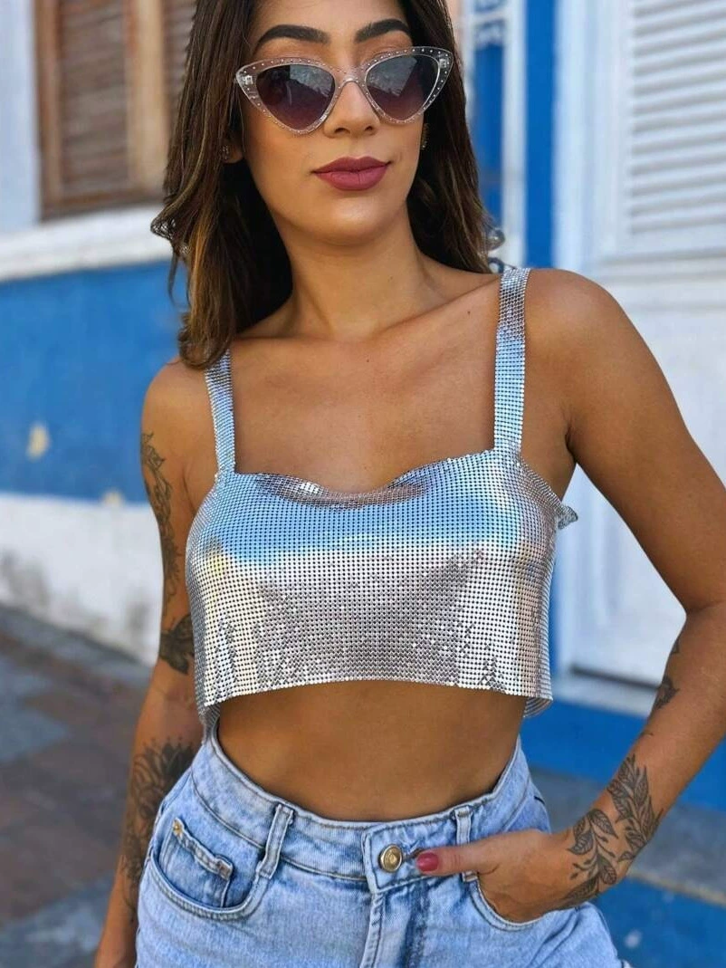 Металлические ногти sequins, сексуальный топ с чашками, европейский стиль