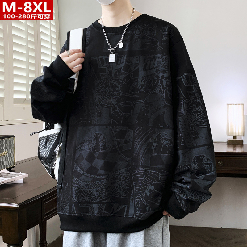 Spring and Autumn Trendy Hong Kong Style Men's Printed Crewneck Knitted Sweater Chubby Large Size Plus Size Loose Sports Casual Top