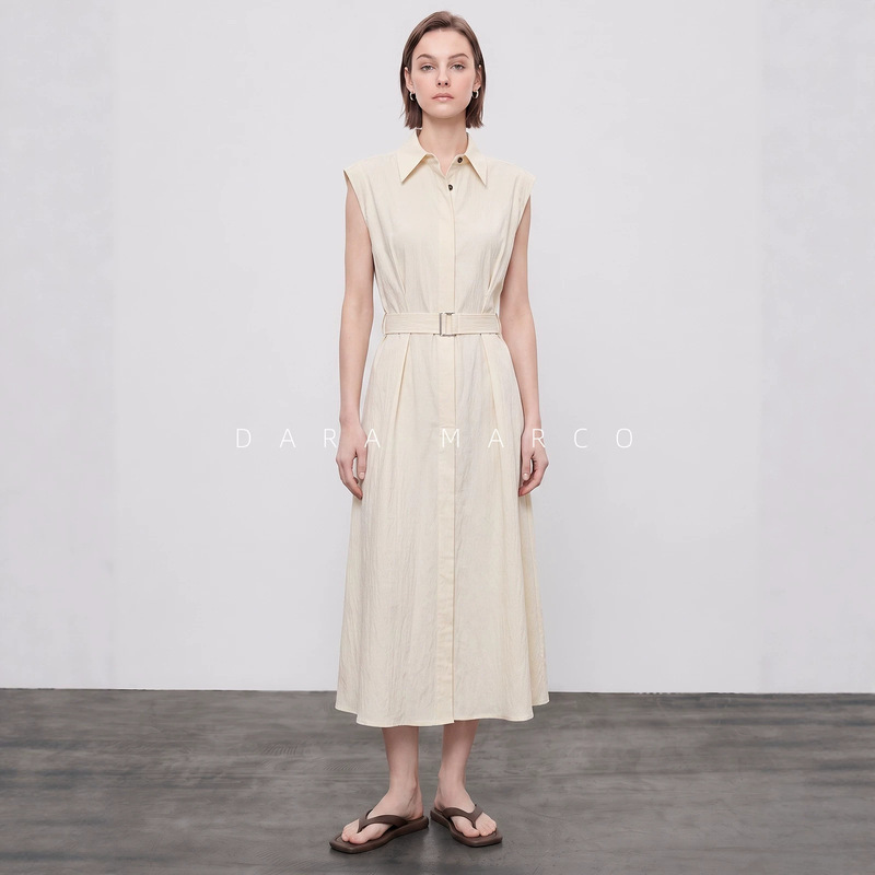 Imported high-thread-count linen blend sleeveless shirt dress for women with a turn-down collar, belt, waist-cinching, and drapey design, suitable for commuting, long-length dress Imported high-thread-count linen blend sleeveless shirt dress for women with a turn-down collar, belt, waist-cinching, and drapey design, suitable for commuting, long-length dress