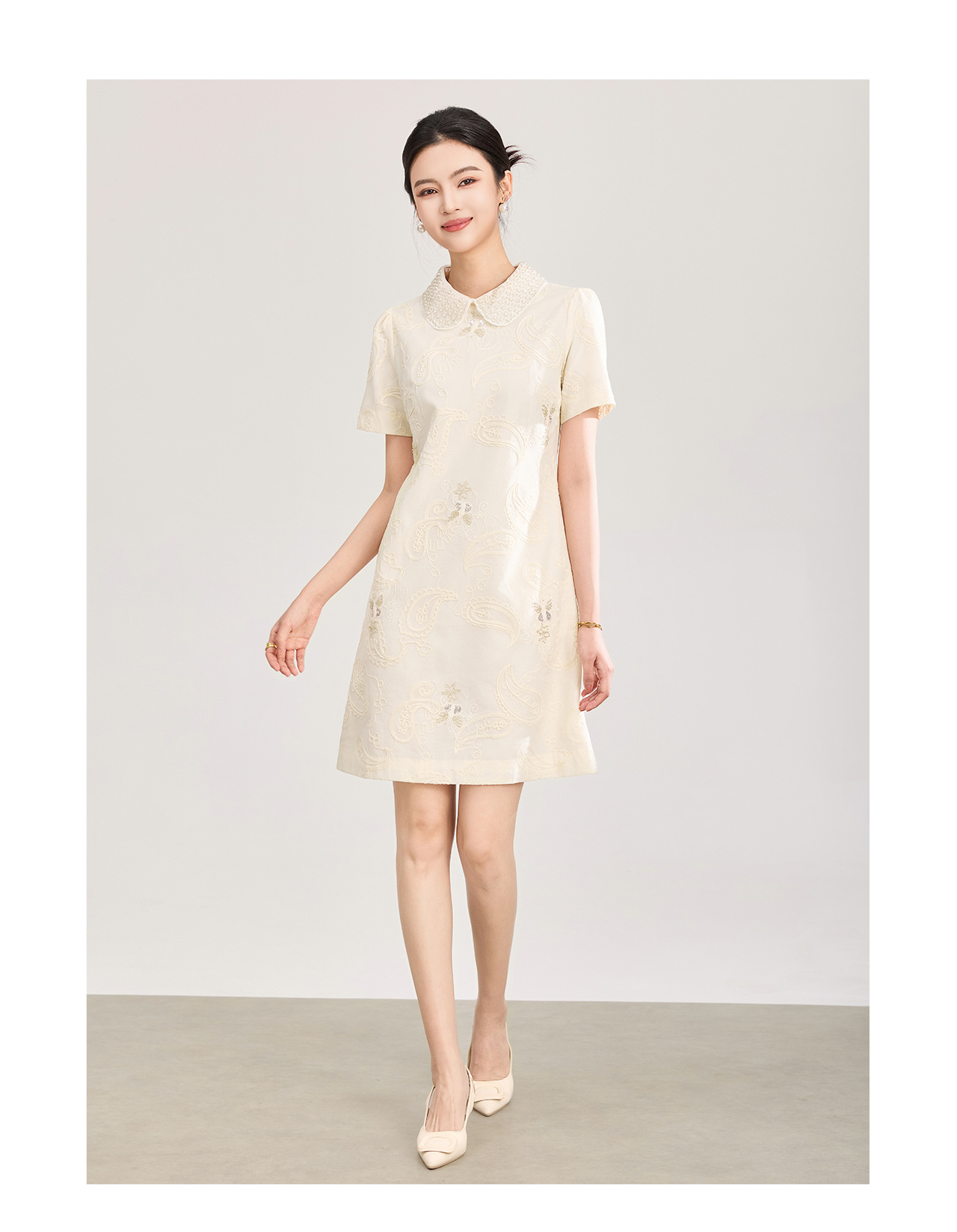 Đầm suông nữ midi cổ búp bê tay ngắn thêu ren đính cườm phong cách tiểu thư — màu sắc chi tiết 12